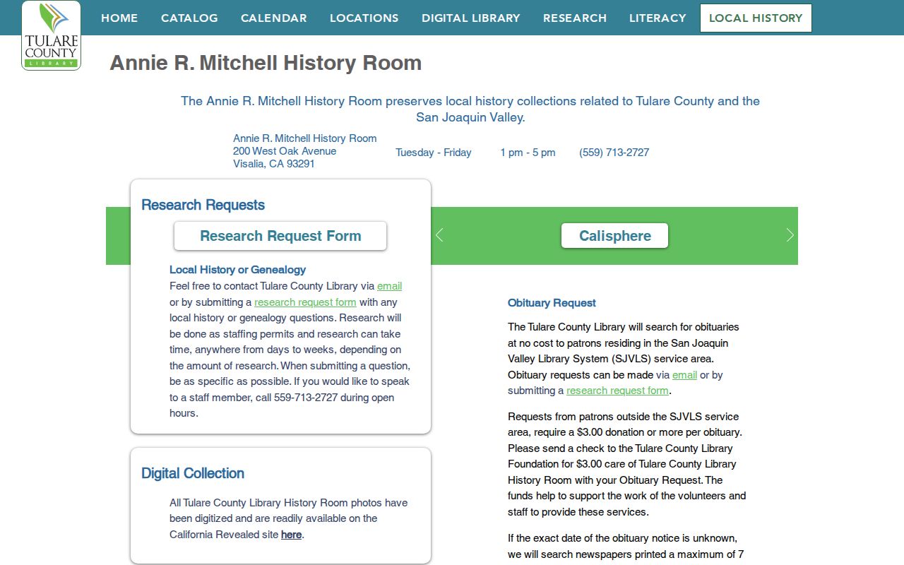 Visalia people directories and genealogy at Annie R Mitchell History Room
