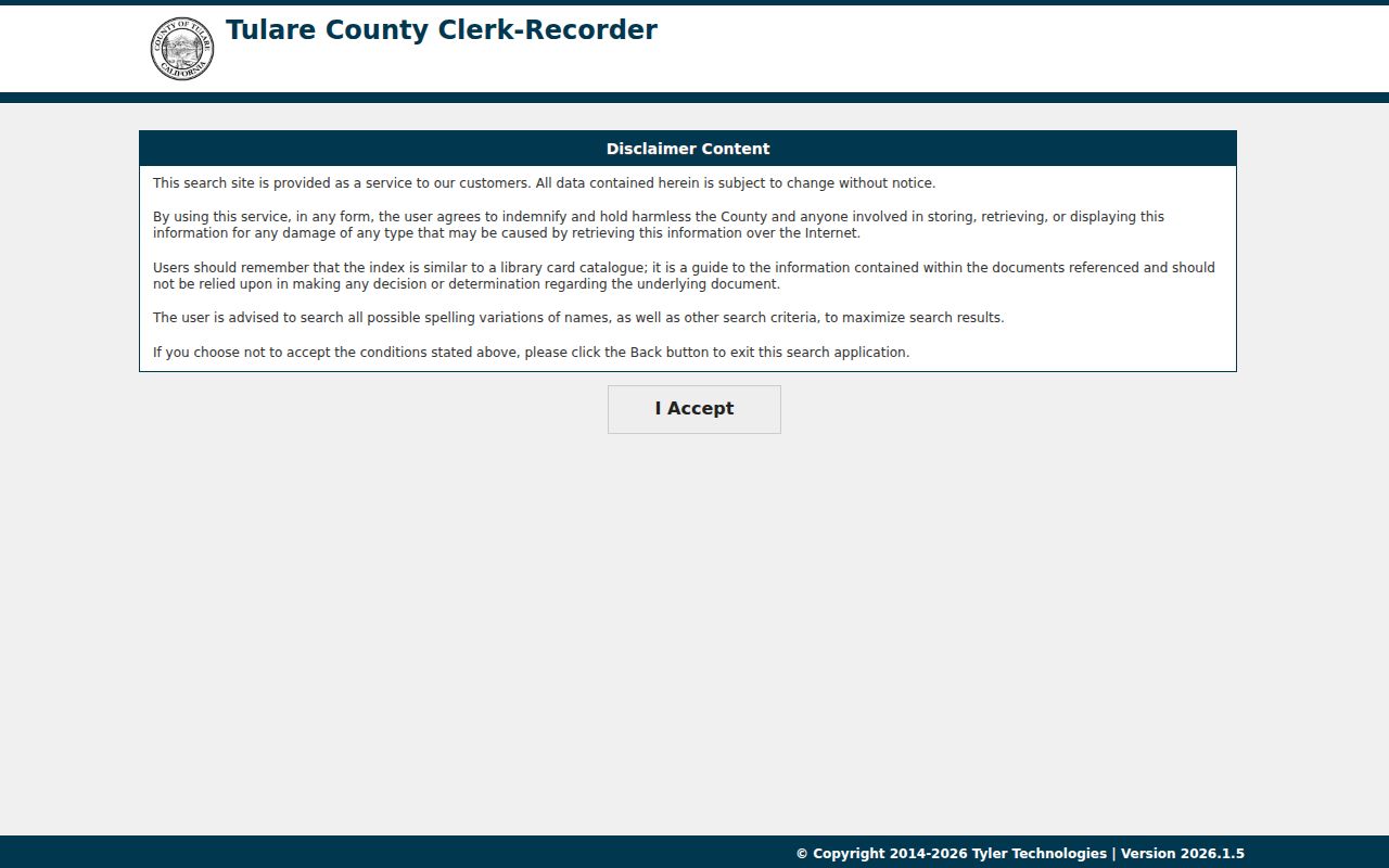 Visalia public records search at the Tulare County Recorder portal