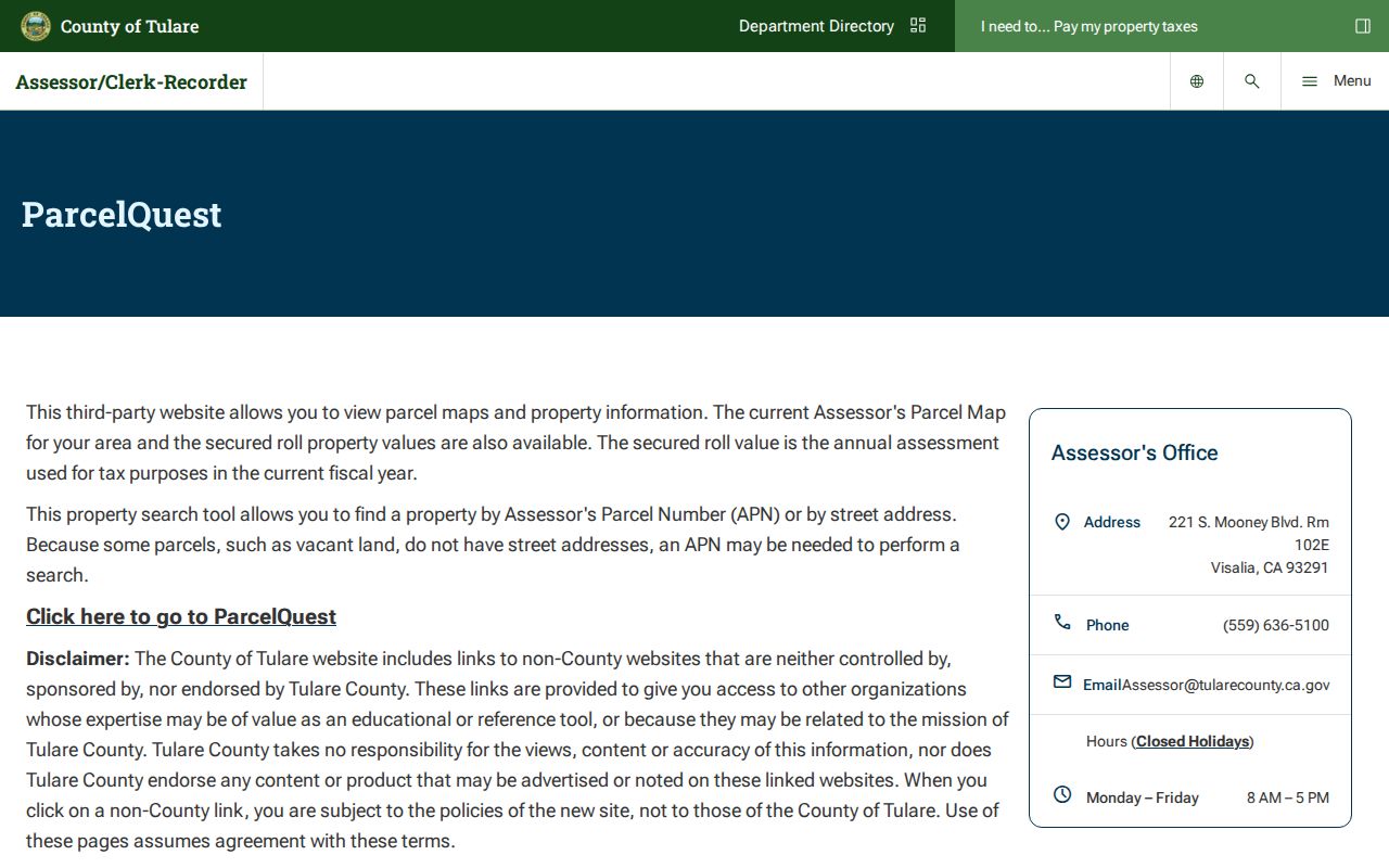 Visalia public records source for Tulare County ParcelQuest property information