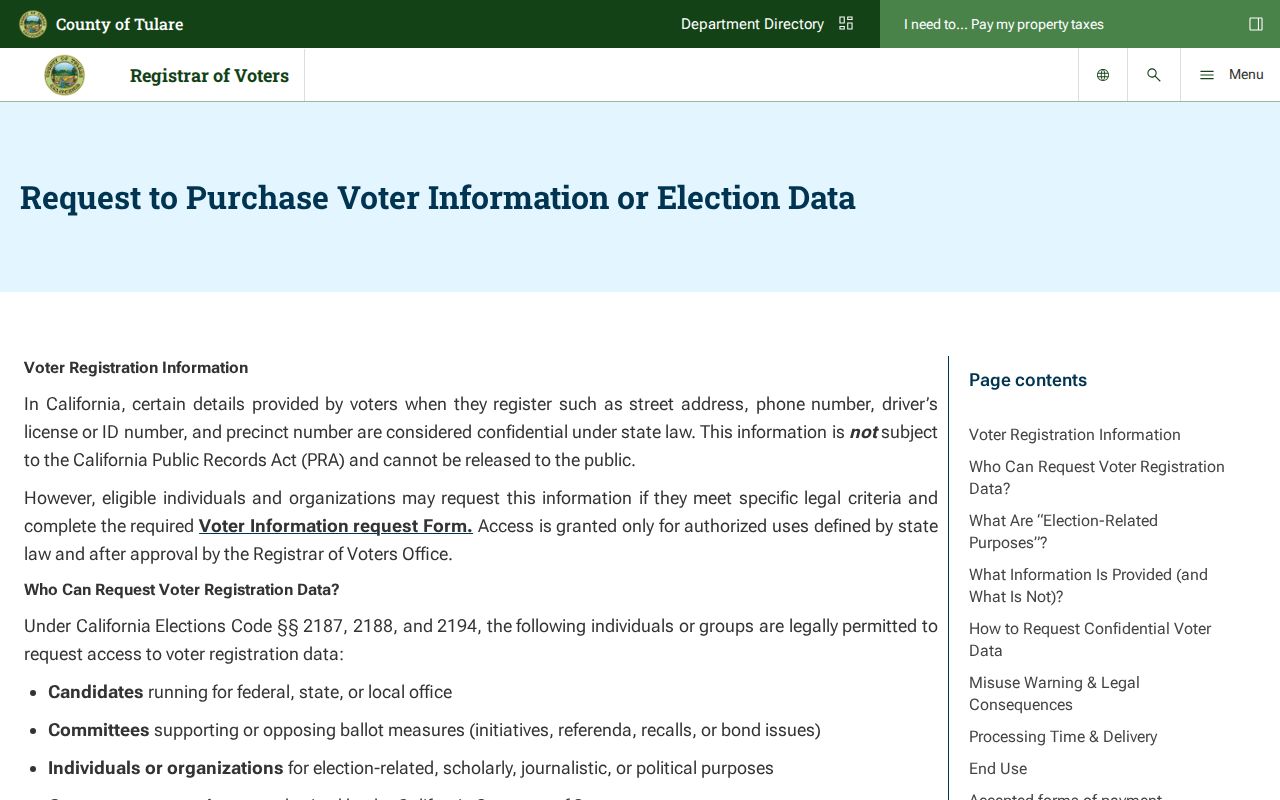 Visalia voter registration file request through Tulare County elections
